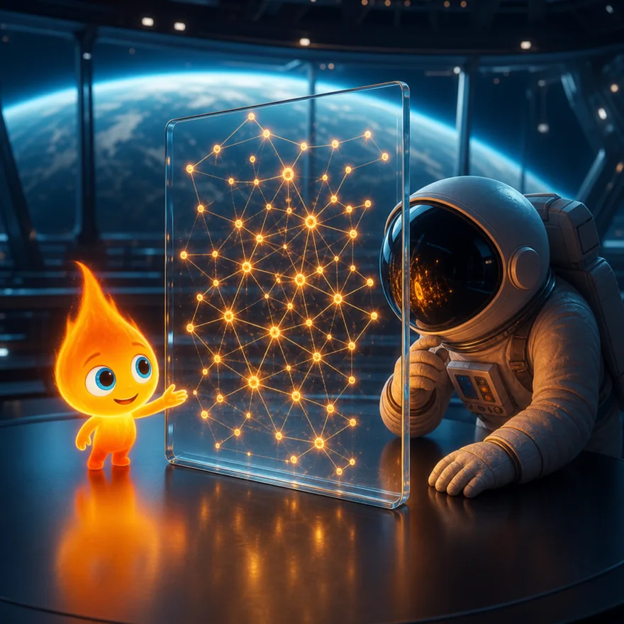 A flame agent showing its glowing network of thoughts through a transparent glass panel while a helmeted explorer inspects it — nothing hidden