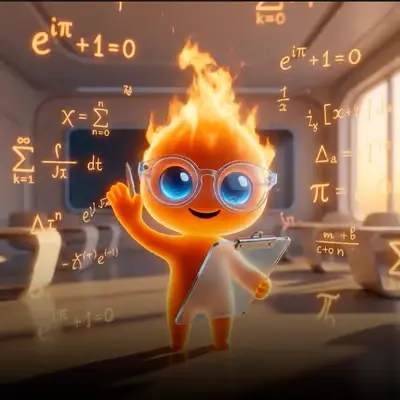 The Mojo mascot — a friendly flame working through math